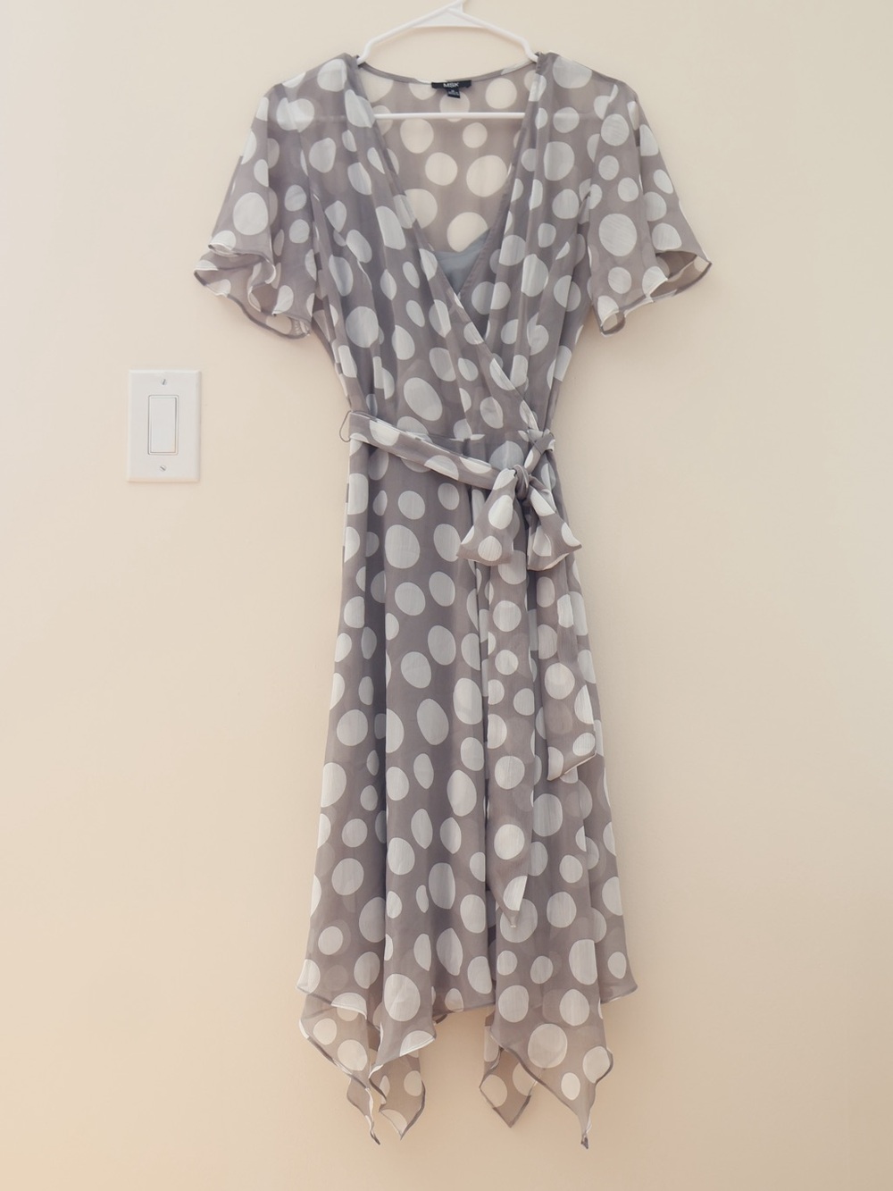MSK Flowy Sheer Gauzy Asymmetrical Polka Dot Wrap Tie Midi Dress Sz M Retro Twee